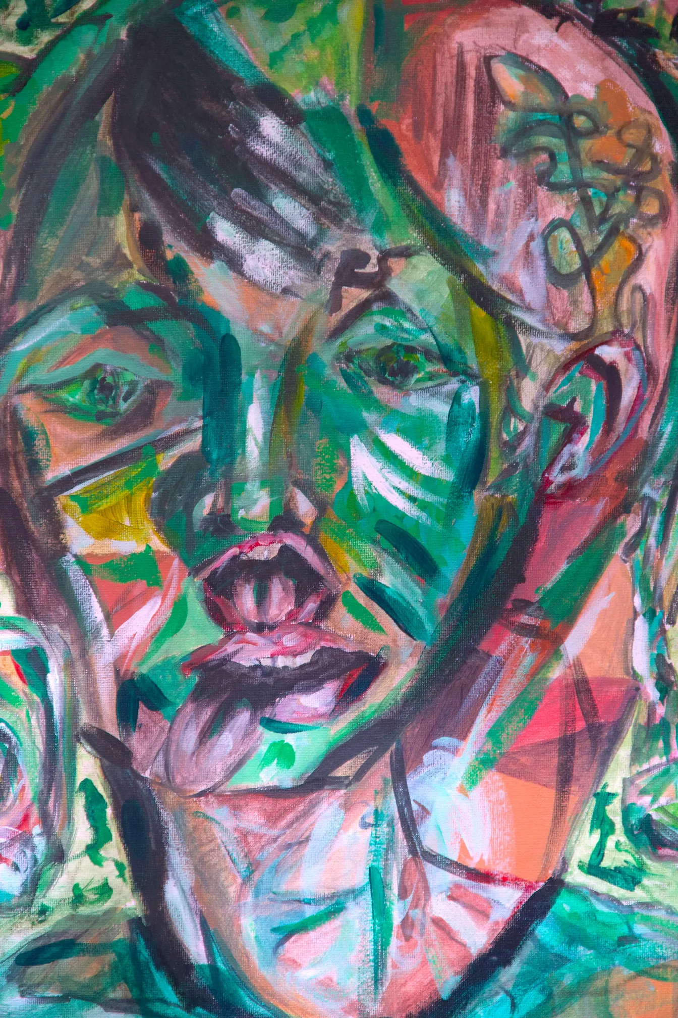 Acrylic painting of overlapping faces in green, pink and orange with heavy black outlines.