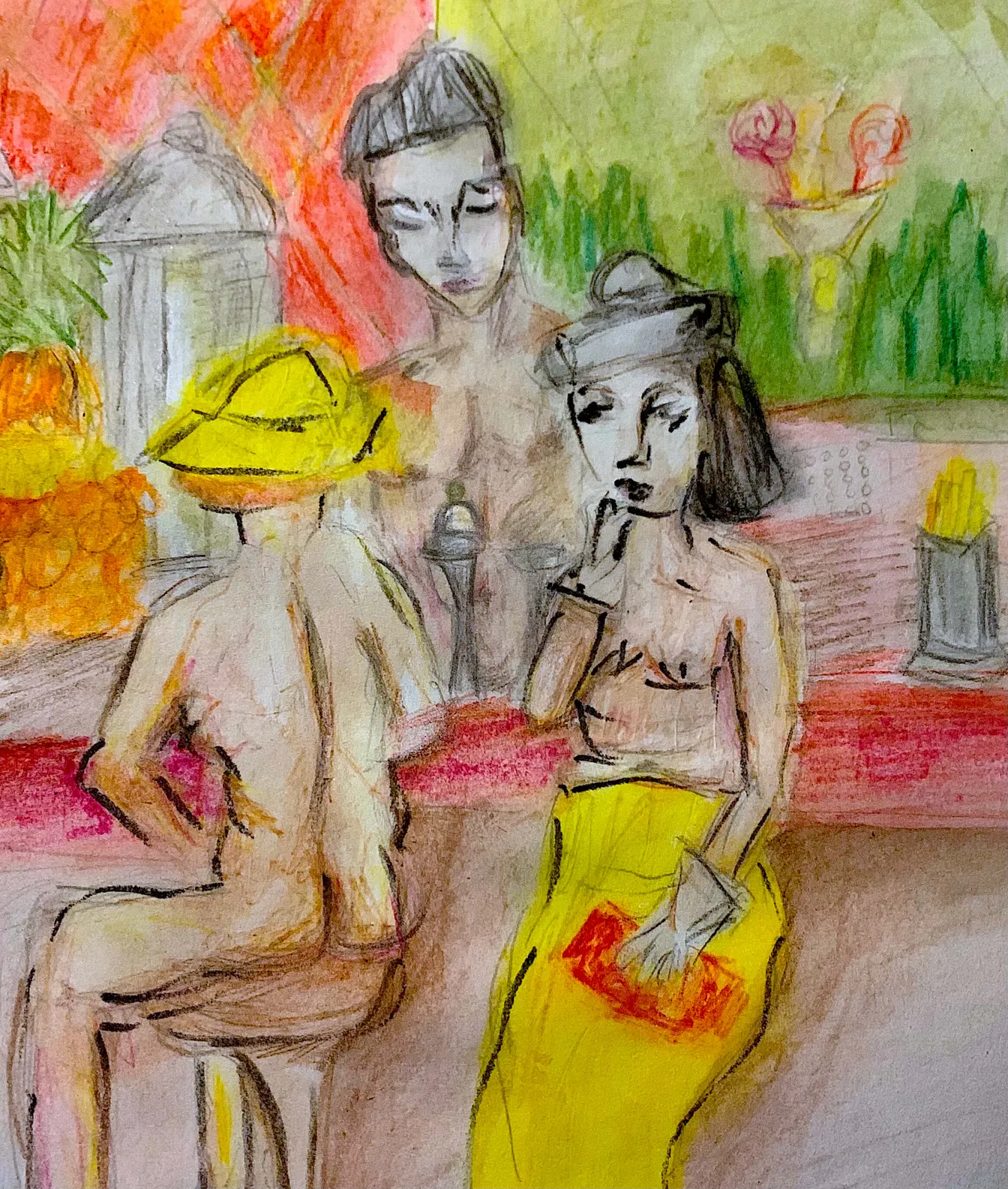 Coloured pencil and watercolour drawing of three figures at a bar with cocktail glasses.