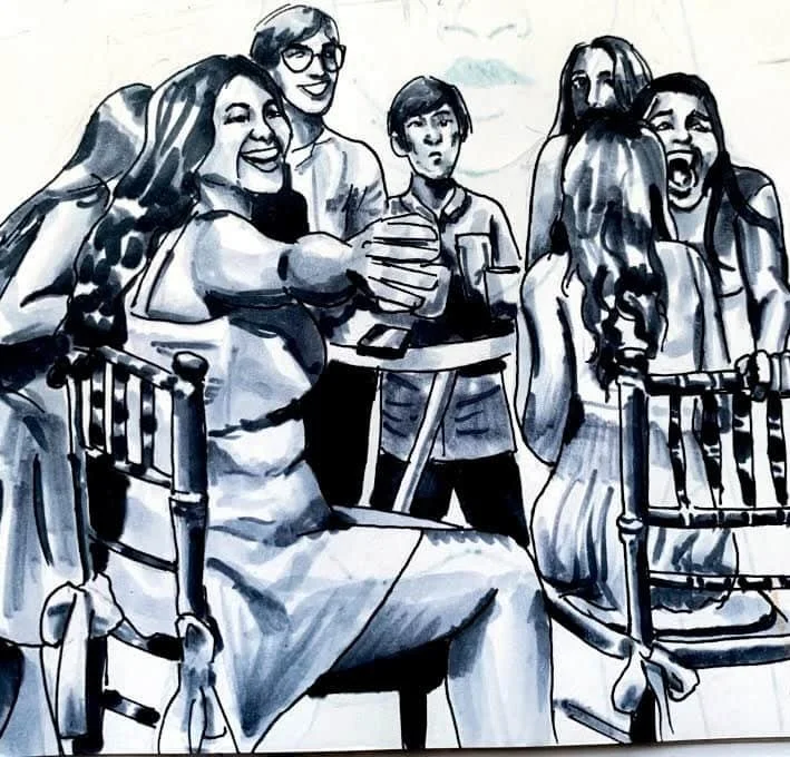 Monochrome figurative painting of a lively group laughing around a table, used to illustrate expression and storytelling in art portfolio development.